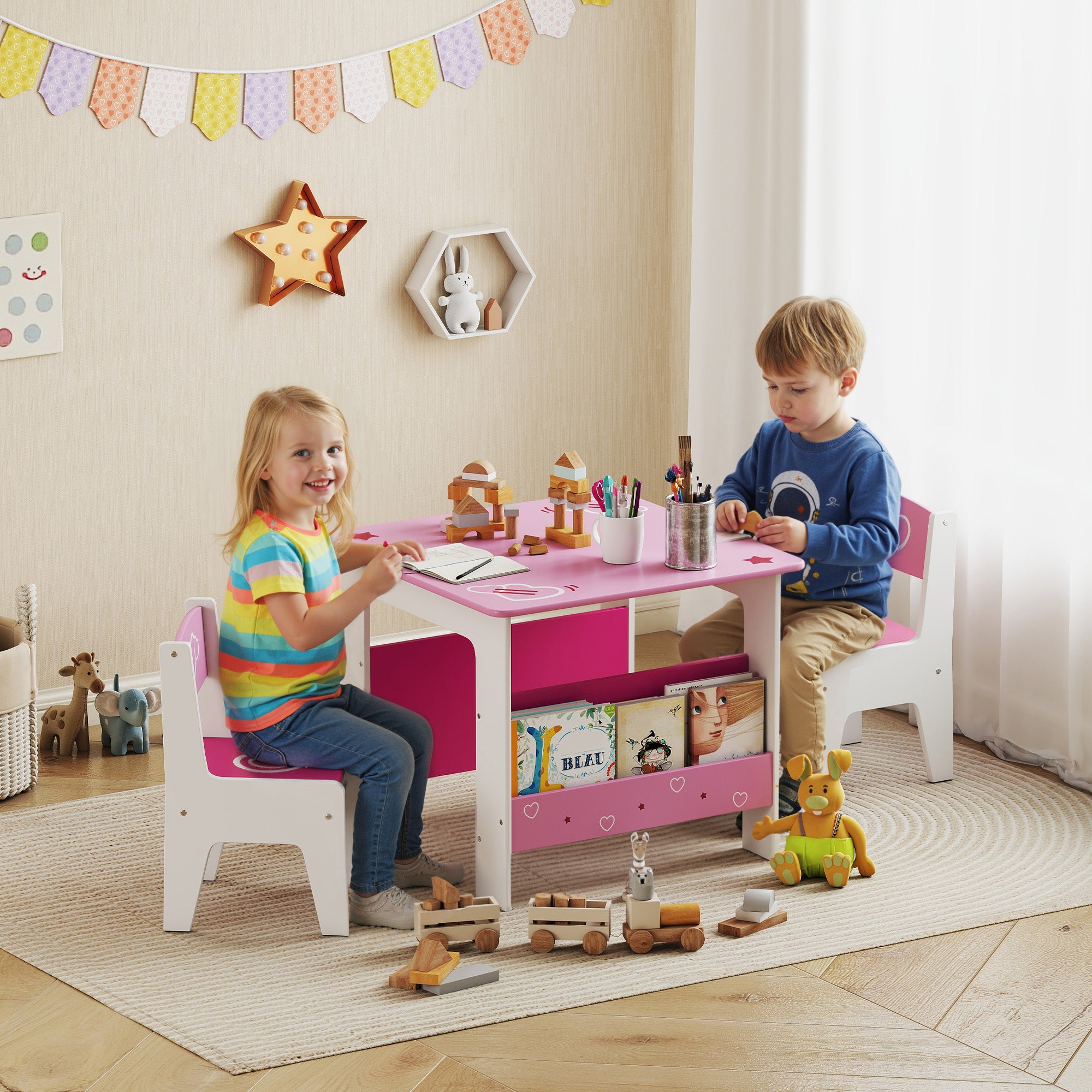 AIYAPLAY 3 Pieces Kids Table and Chair Set, Toddler Activity Table with Bookshelves, for Living Room, Nursery, Playroom, Pink 