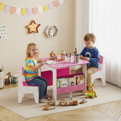 AIYAPLAY 3 Pieces Kids Table and Chair Set, Toddler Activity Table with Bookshelves, for Living Room, Nursery, Playroom, Pink 