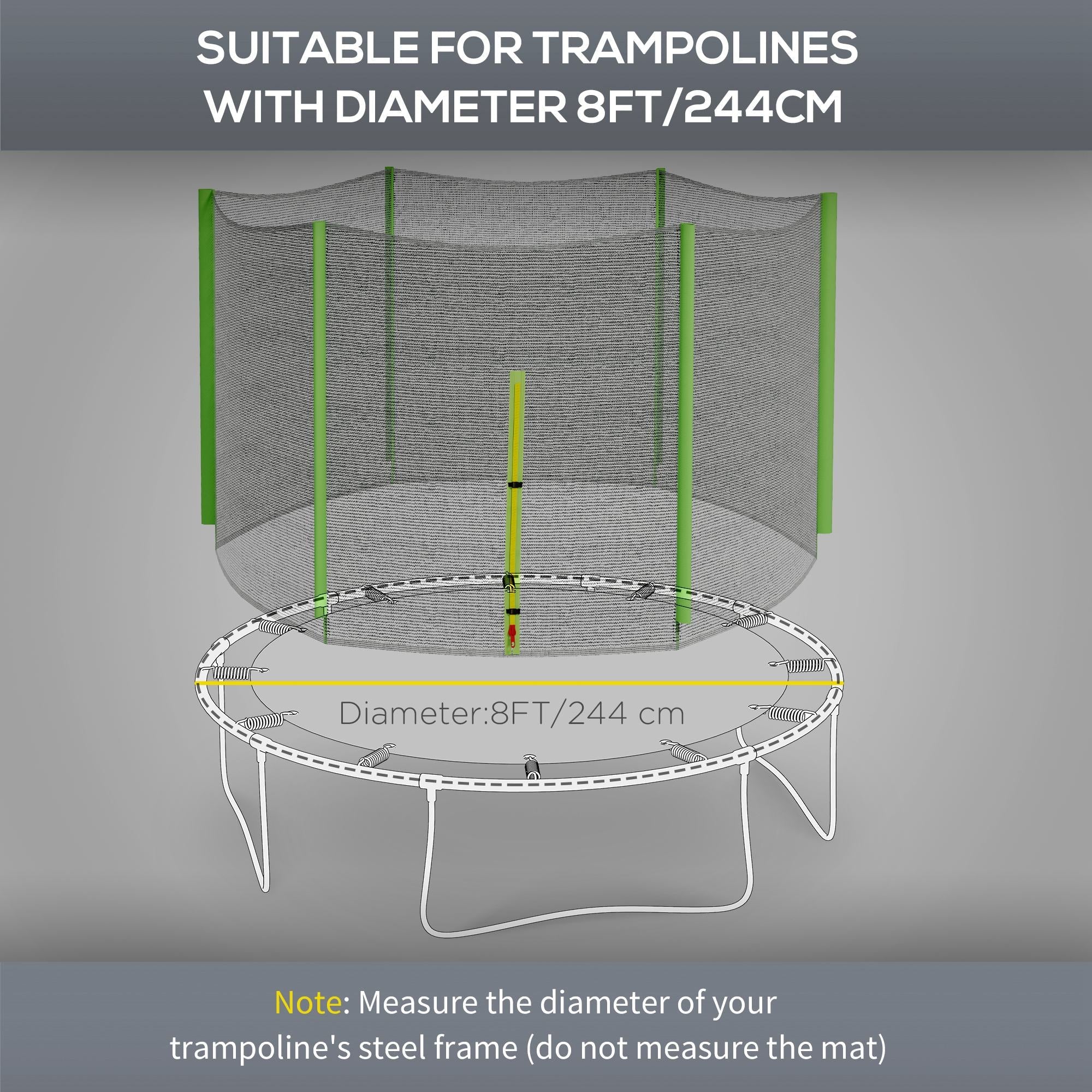 SPORTNOW 8ft Trampoline Net Replacement with 6 Plastic Pole Covers, Weather-Resistant Trampoline Netting Replacement with Zipped Entrance, Poles Not Included, Green 
