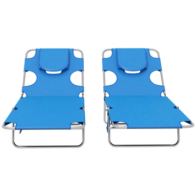 Outsunny Foldable Sun Lounger Set of 2 with Reading Hole, Portable Sun Lounger with 5 Level Adjustable Backrest, Reclining Lounge Chair with Side Pocket, Headrest Pillow, Blue 