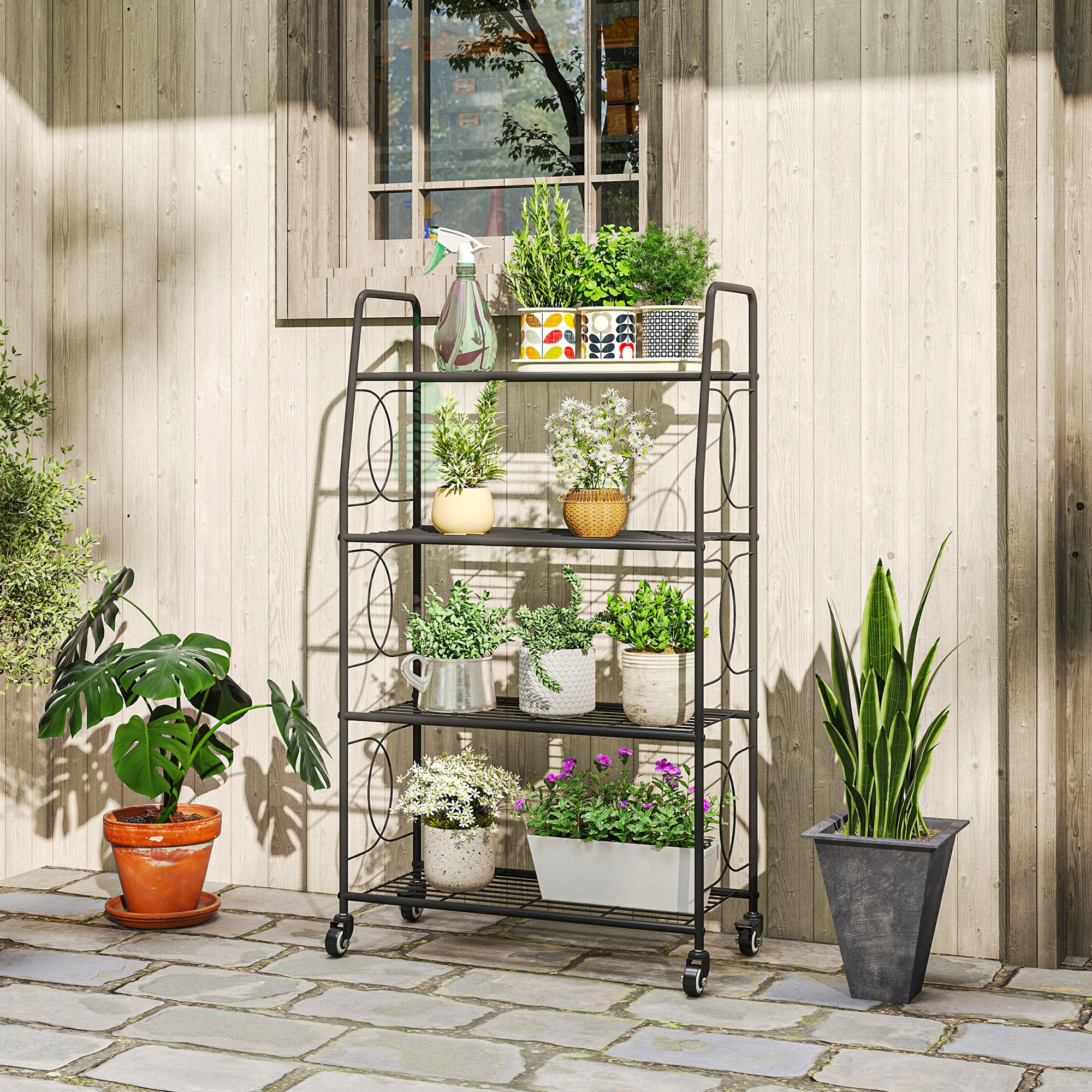 Outsunny 4-Tier Metal Plant Stand, Heavy Duty Ladder Shelf Potted Plants Display Rack with Lockable Wheels 