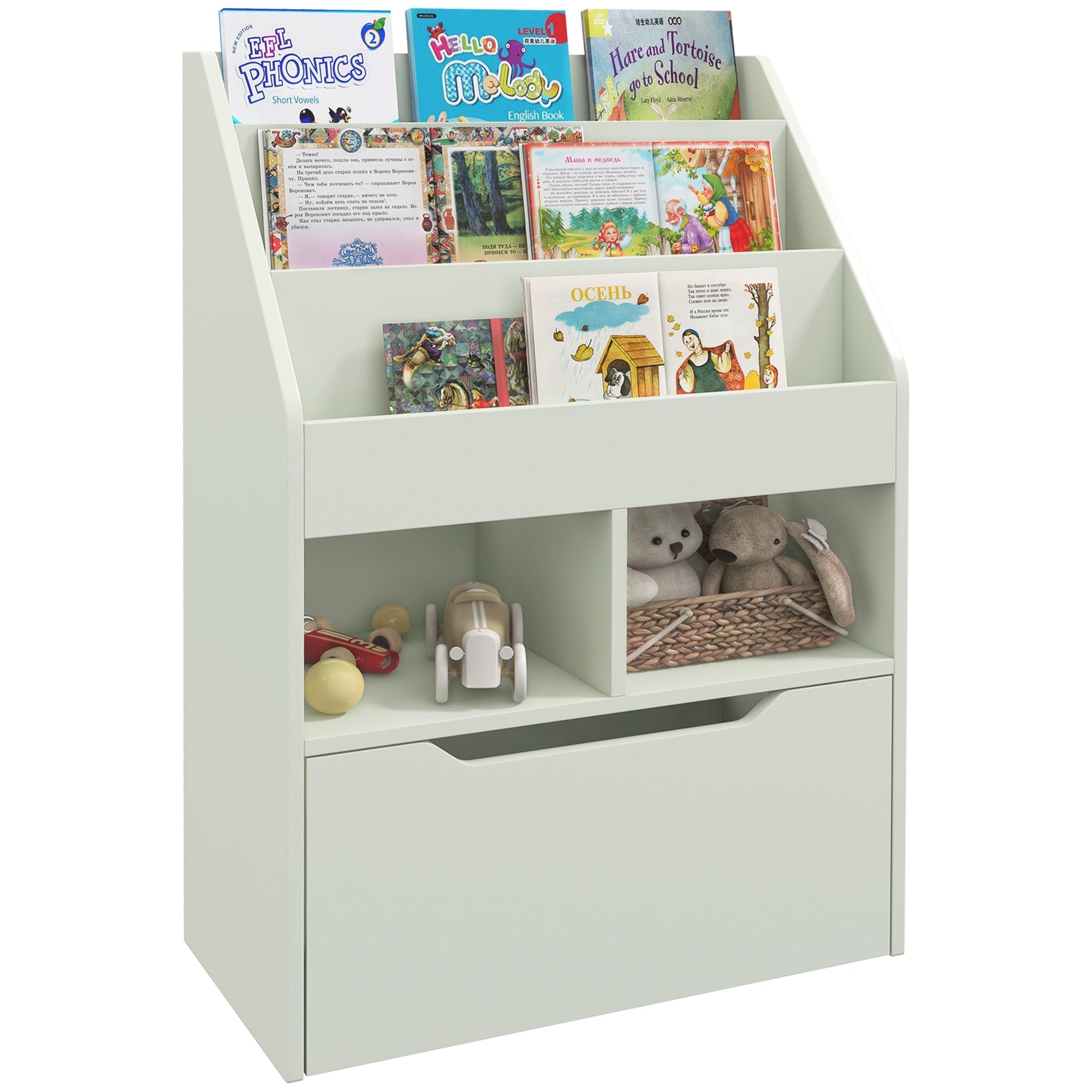 HOMCOM Kids Bookshelf, Toy Organiser, with Storage Drawer, Wheels - Green 