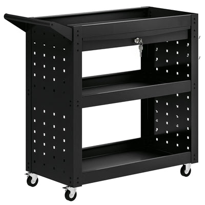 HOMCOM Tool Cart with Lockable Wheels, Rolling Workshop Cart with 3-Tier Trays, Drawer, Pegboards, Black