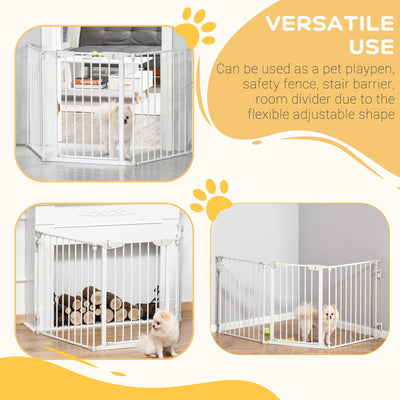 PawHut Pet Safety Gate, 3 Panels Playpen Fireplace, Metal Fence, Stair Barrier, Room Divider w/ Walk-Through Door - White 
