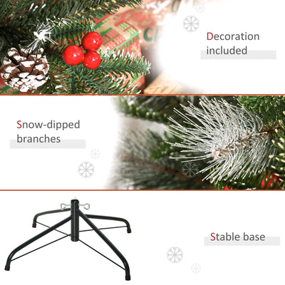 HOMCOM 4FT Artificial Snow Dipped Christmas Tree Xmas Pencil Tree Holiday Home Party Decoration with Foldable Feet Red Berries White Pinecones, Green 