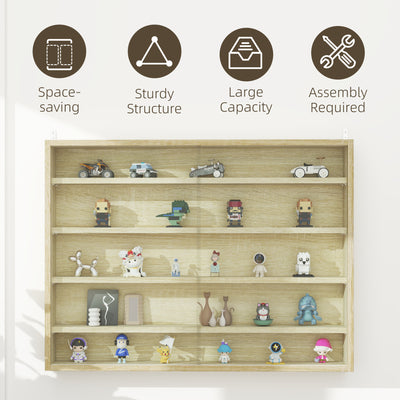 HOMCOM 5-Tier Wall Display Shelf Unit Cabinet w/ 4 Adjustable Shelves Glass Doors Home Office Ornaments 60x80cm Oak 