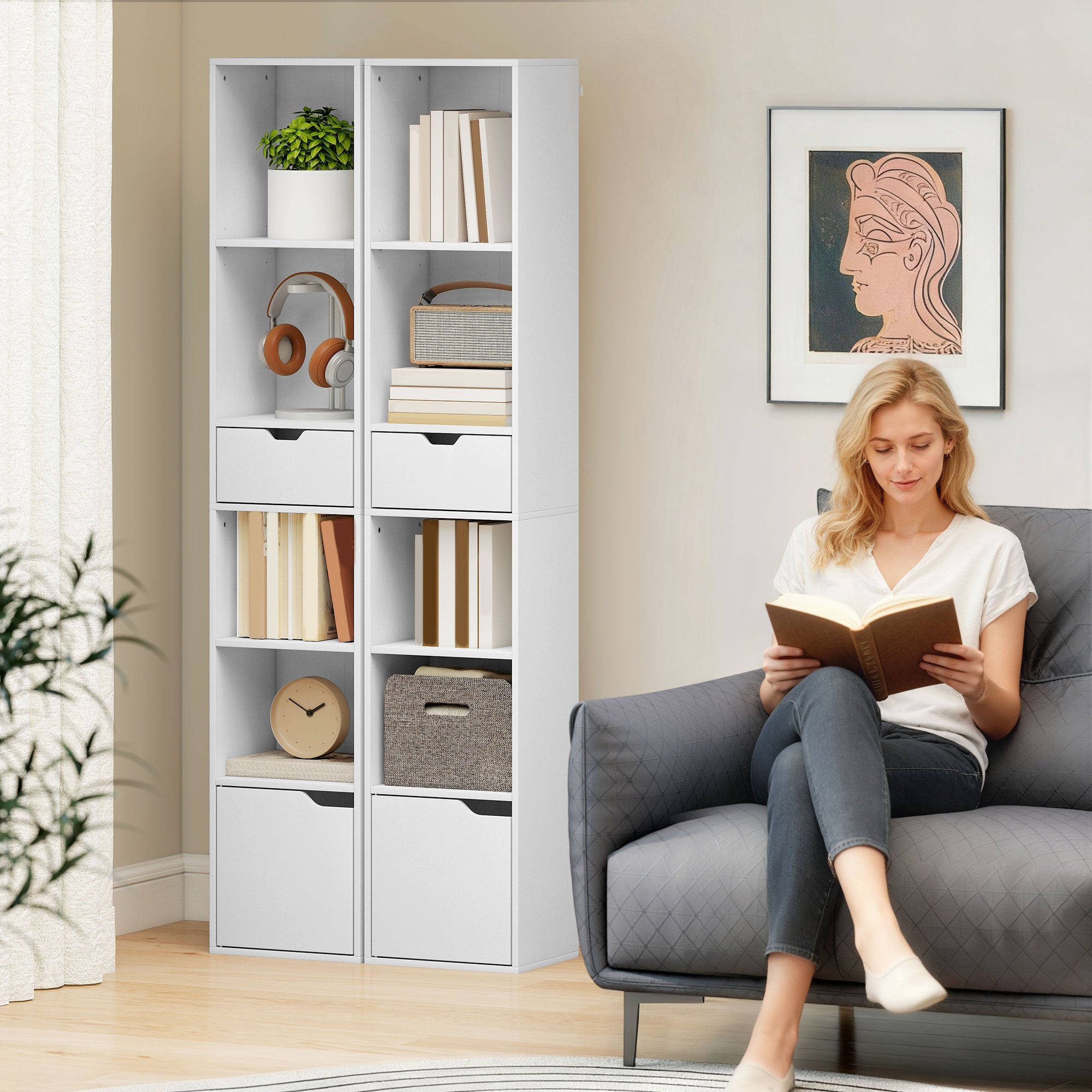 HOMCOM 6-Tier Bookcase, Tall Narrow Bookshelf with Drawer and Door - White 