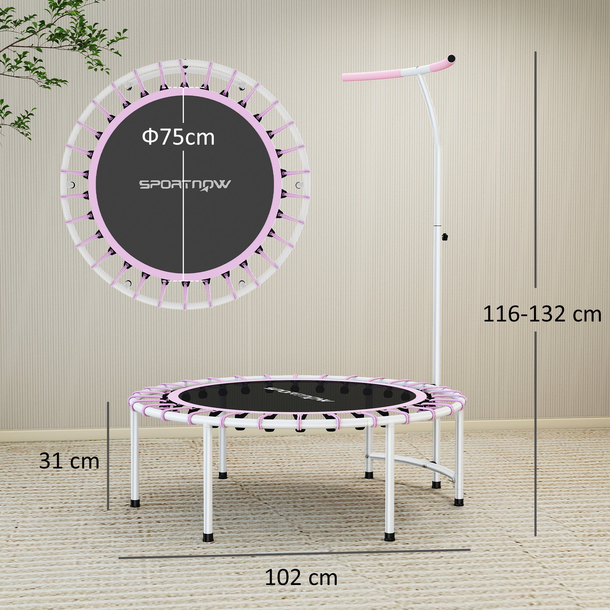 SPORTNOW 40" Fitness Trampoline, Mini Rebounder Trampoline for Adults with 5-Level Adjustable Handle, Indoor Exercise Bungee Rebounder, Max Load 100KG, Purple