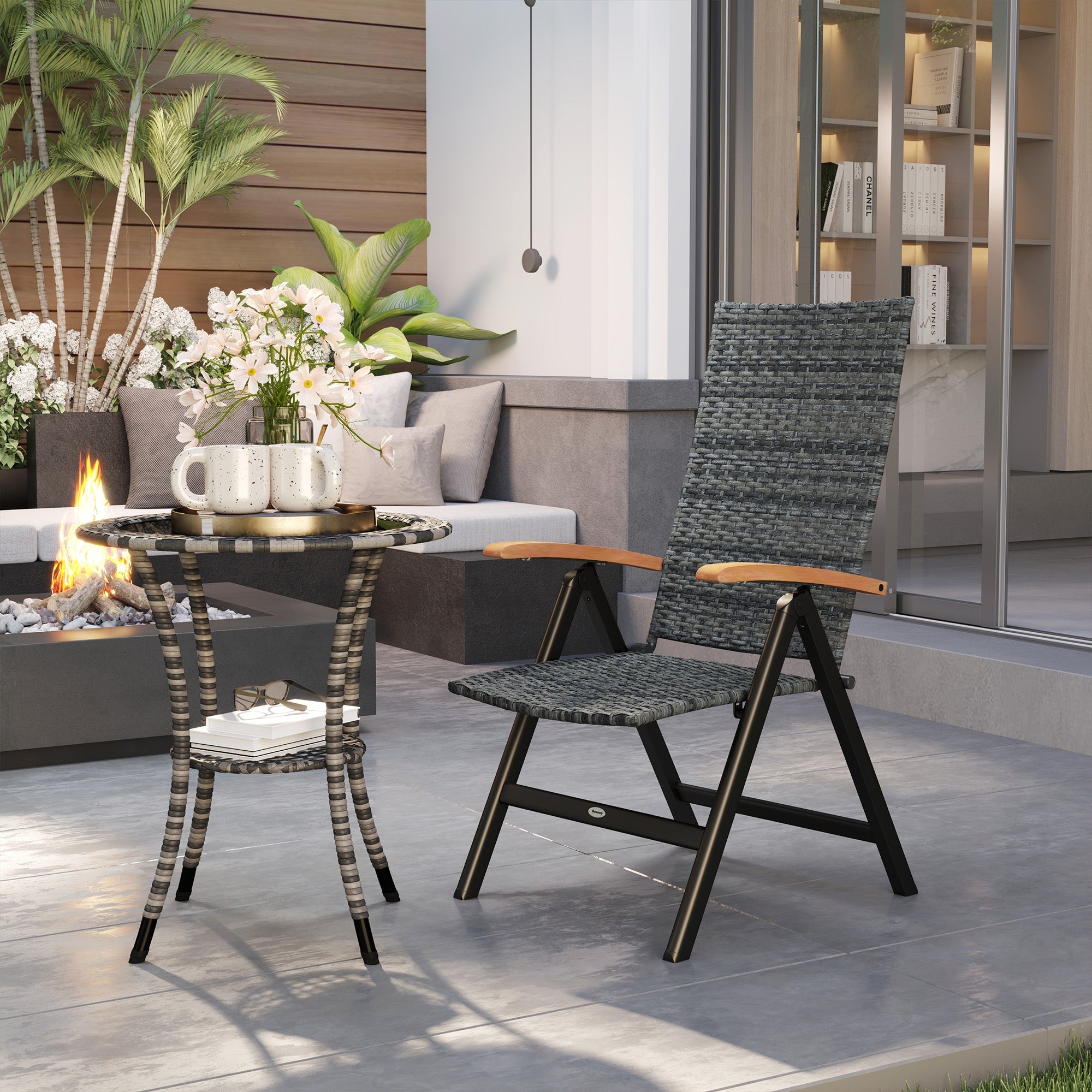 Outsunny Outdoor Folding Rattan Chair with Armrests, High Backrest, for Garden, Camping, Balcony, Porch - Mixed-grey 