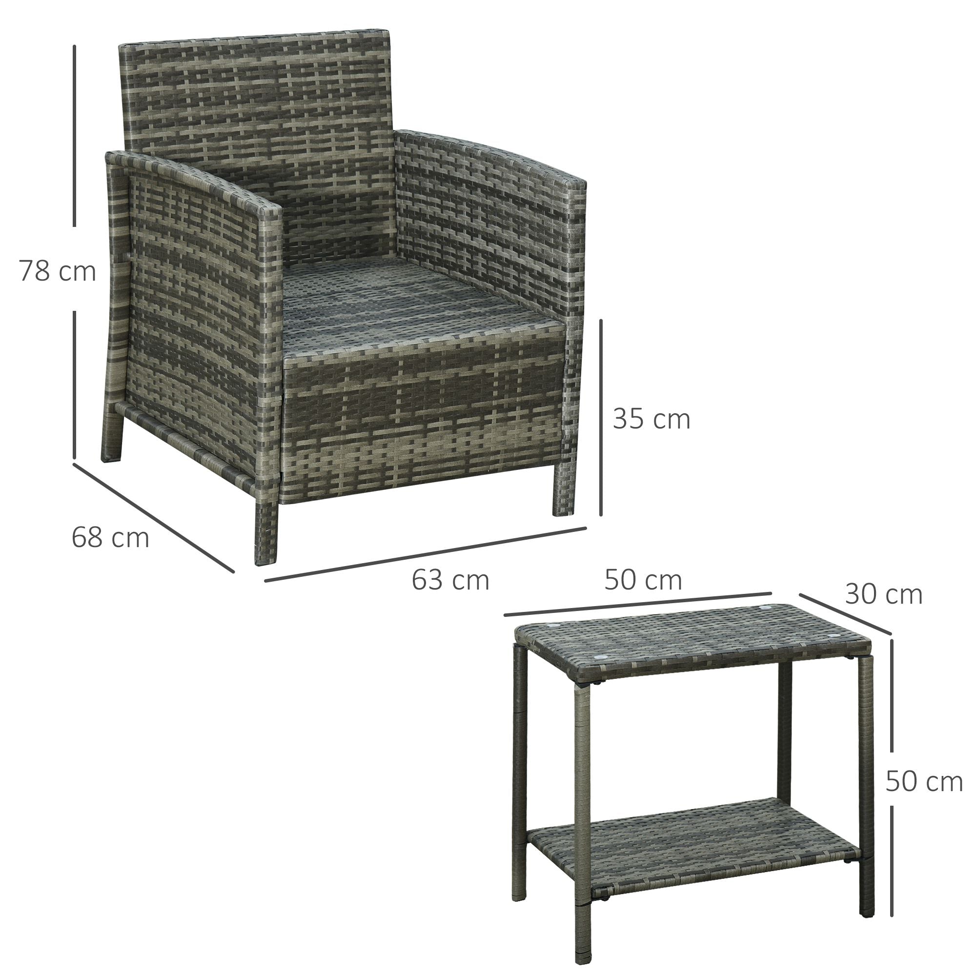 Outsunny 3 Pieces Rattan Bistro Set, Wicker Garden Furniture Set, Glass Top 2-tier Coffee Table and Chairs Set with Pillows and Washable Cushions for Outdoor, Patio, Balcony, Grey 