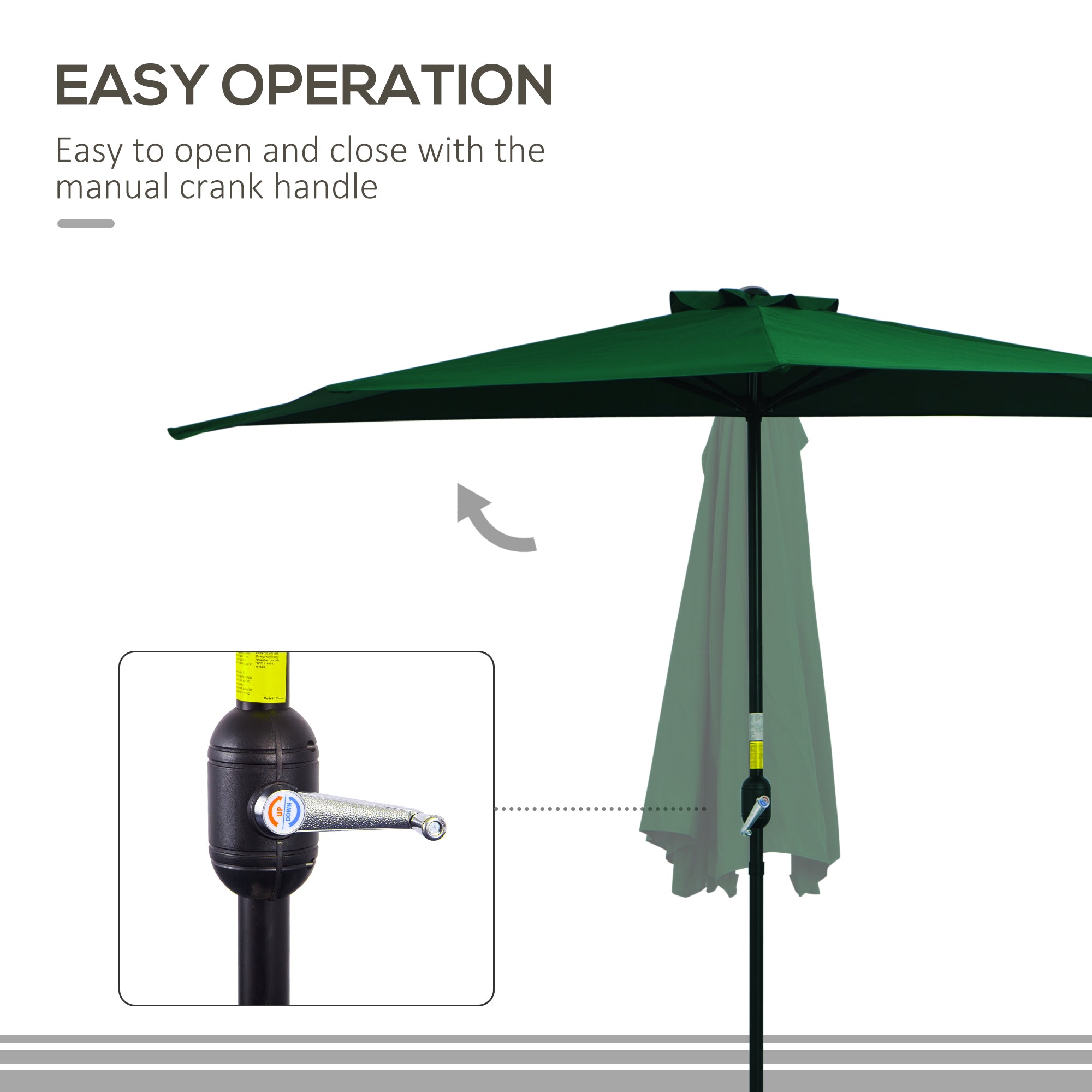 Outsunny 3(m) Half Parasol, Semi Round Umbrella with Metal Frame, Crank Handle for Balcony, Garden, Green 