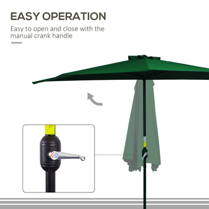 Outsunny 3(m) Half Parasol, Semi Round Umbrella with Metal Frame, Crank Handle for Balcony, Garden, Green 