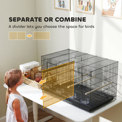 PawHut Bird Cage with Divider, 4 Wooden Perches, Slide Out Tray, 4 Feeders, for Budgie, Lovebird, Canary, 76 x 46 x 46cm, Black 