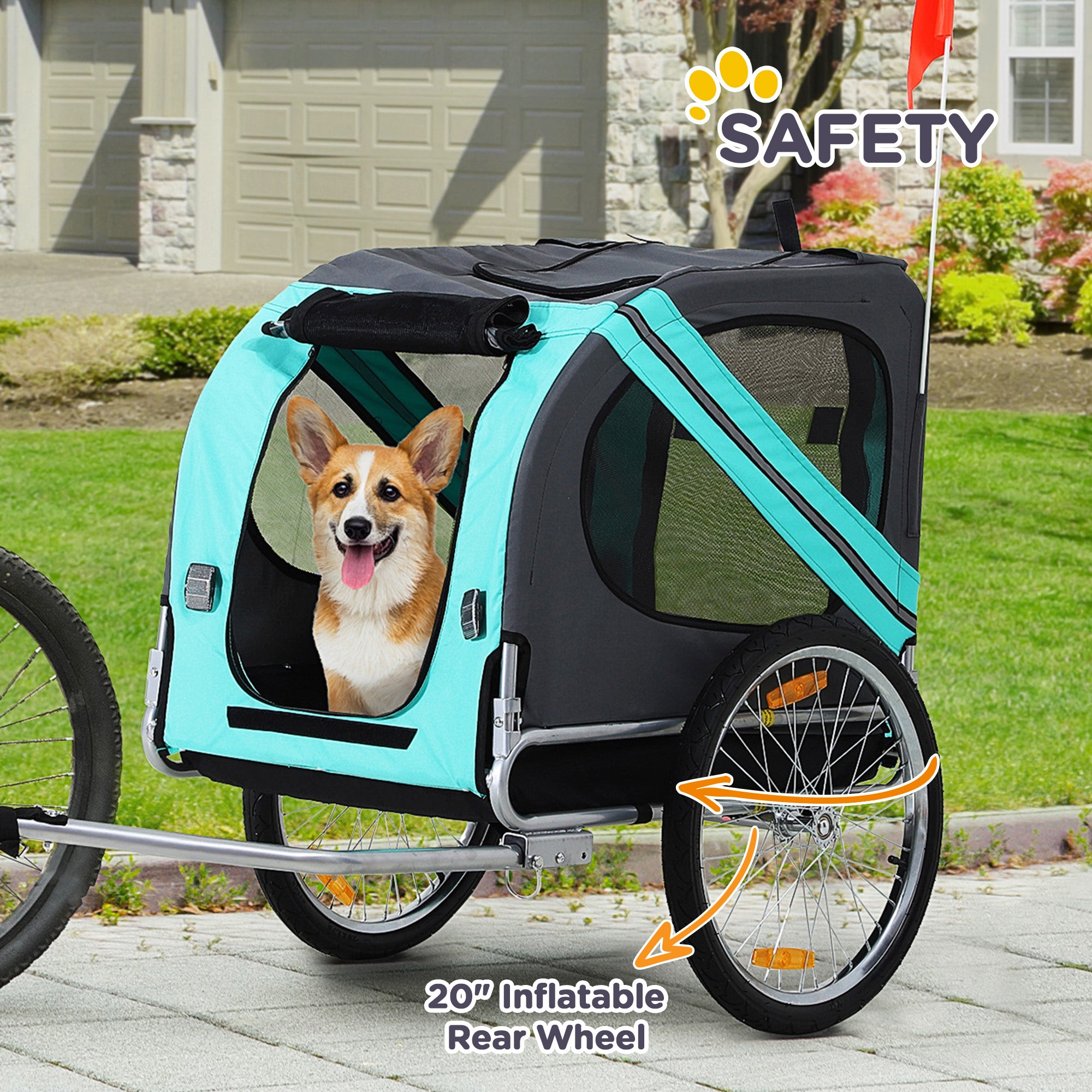 PawHut Folding Dog Bike Trailer Pet Cart Carrier for Bicycle Travel in Steel Frame with Hitch Coupler - Light Blue & Grey 