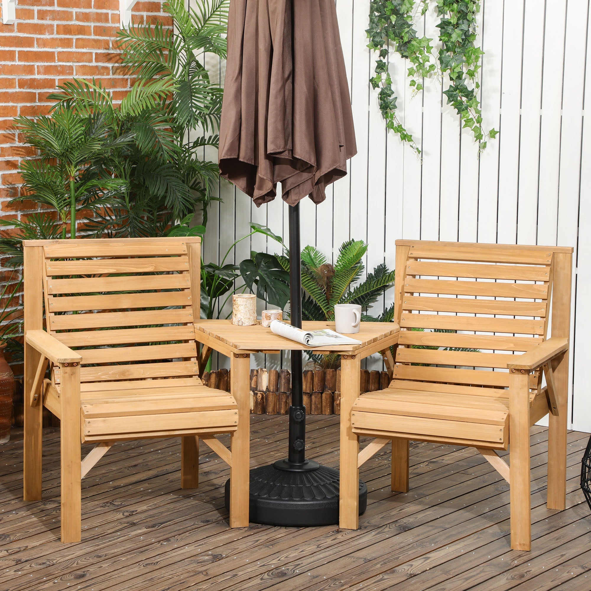 Outsunny Wooden Garden Love Seat, 2 Seater Jack & Jill Companion Seat with Coffee Table and Parasol Hole, Partner Bench, Table and Chairs Set, Outdoor Furniture for Garden, Balcony, Patio, Brown 