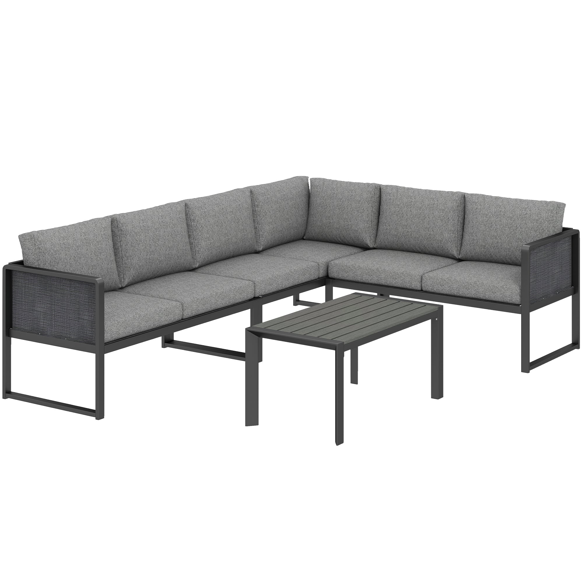 Outsunny 6 Seater Metal Garden Furniture Corner Sofa Set with 3 Loveseats, Faux Wood Table, Texteline Seat, Cushions, Dark Grey 