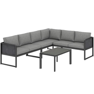 Outsunny 6 Seater Metal Garden Furniture Corner Sofa Set with 3 Loveseats, Faux Wood Table, Texteline Seat, Cushions, Dark Grey 