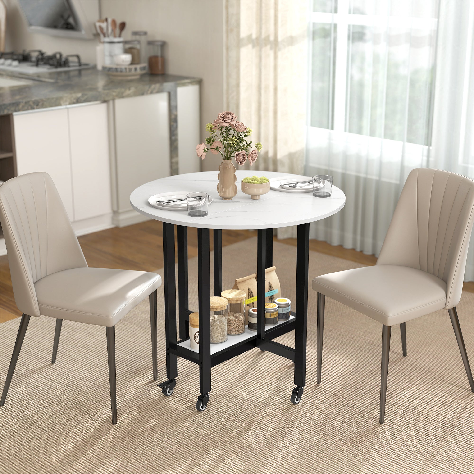 HOMCOM Folding Dining Table, Drop Leaf Table with Open Shelf, Rolling Kitchen Table for Dining Room, Small Spaces, White Marble 
