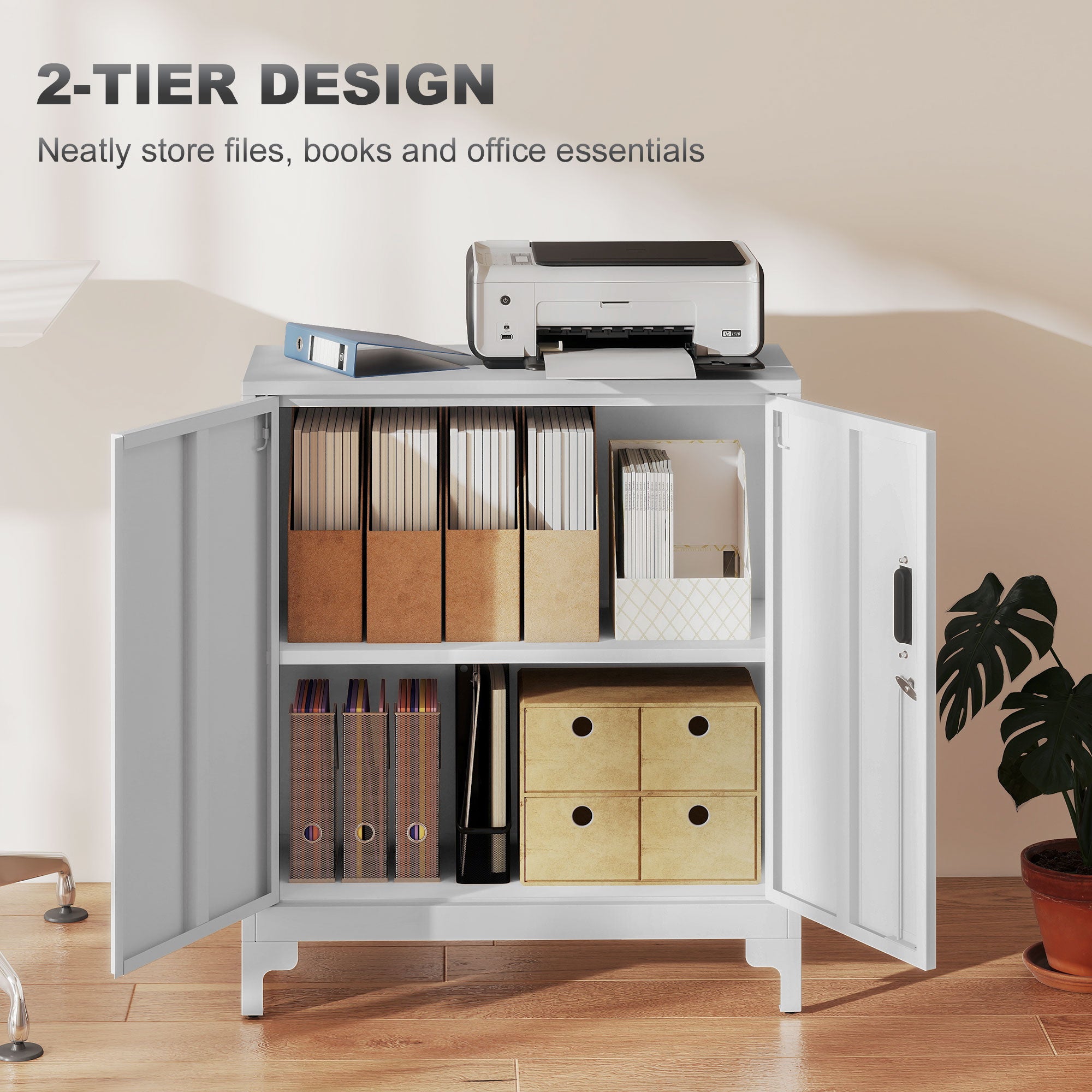 HOMCOM Lockable Metal Filing Cabinet, 2-Tier Storage Cupboard with Double Doors, Modern Office Organiser, White 