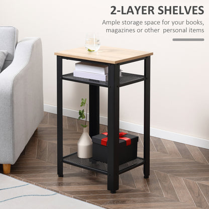 HOMCOM Tall Side Table Set of 2 with 3 Layer, 2 Shelves Storage Display Industrial-Style, Metal Frame, Bedside End Table for Living Room Bedroom, Oak and Black