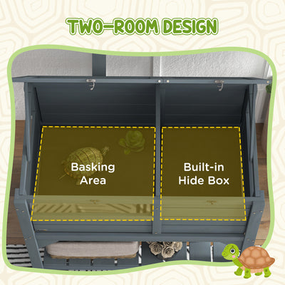 PawHut Wooden Tortoise House, with Shelter, Run, Shelf, Lamp Holder, Tray, Grey 