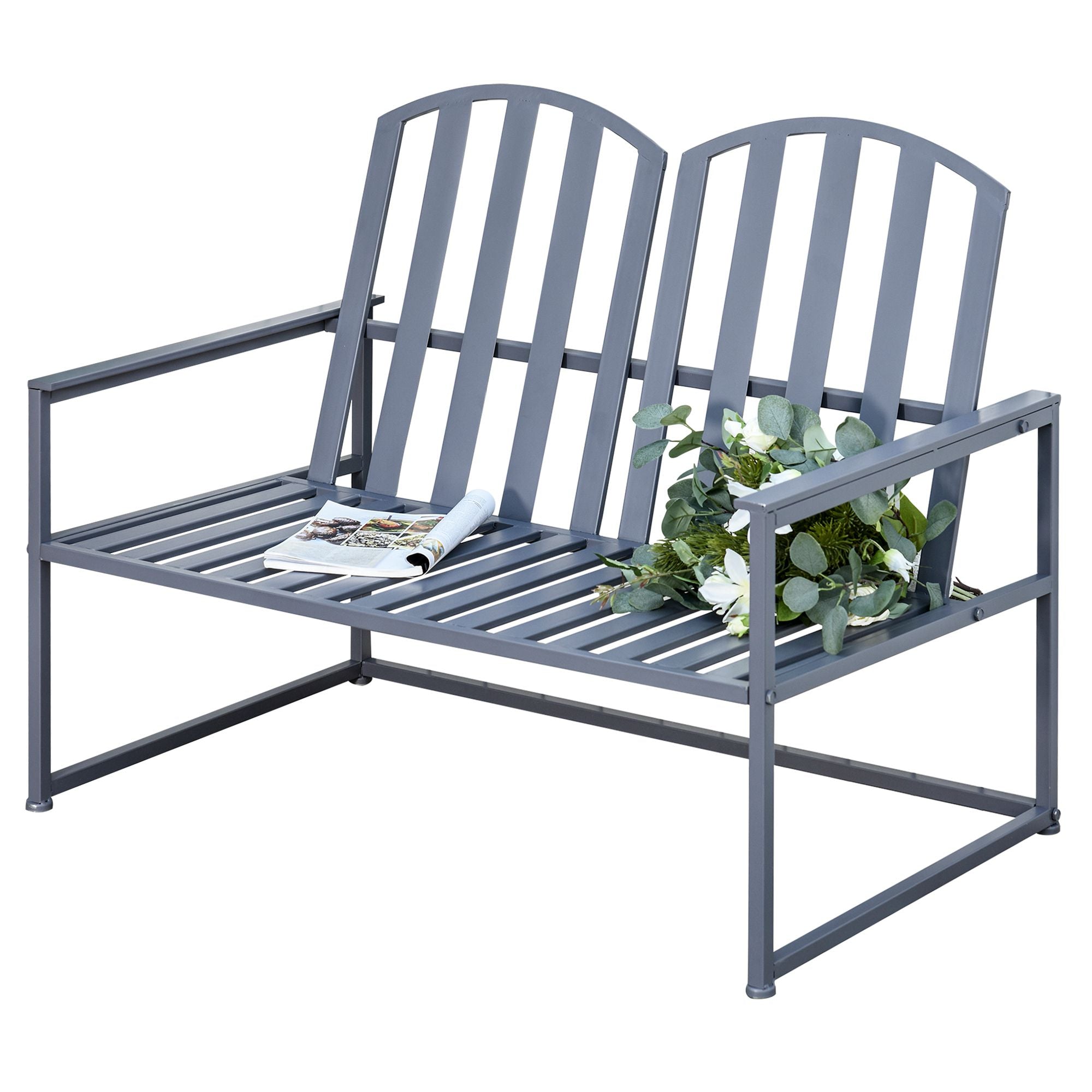Outsunny Steel Patio Garden Bench Loveseats for Outdoors Park Yard Slatted Design Grey 