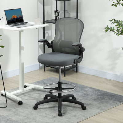 Vinsetto Drafting Chair, Ergonomic Tall Office Chair with Flip-up Armrests, Mesh Back, Lumbar Support, Adjustable Height and Foot Ring, Swivel Wheels, for Standing Desk, Charcoal Grey 