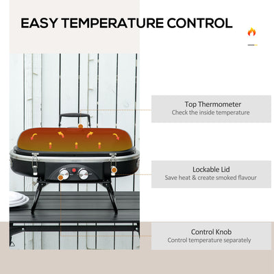 Outsunny Foldable Gas BBQ Grill 2 Burner Table Top Barbecue with Lid Piezo Ignition Thermometer for Camping Picnic Cooking, Aluminium Alloy 