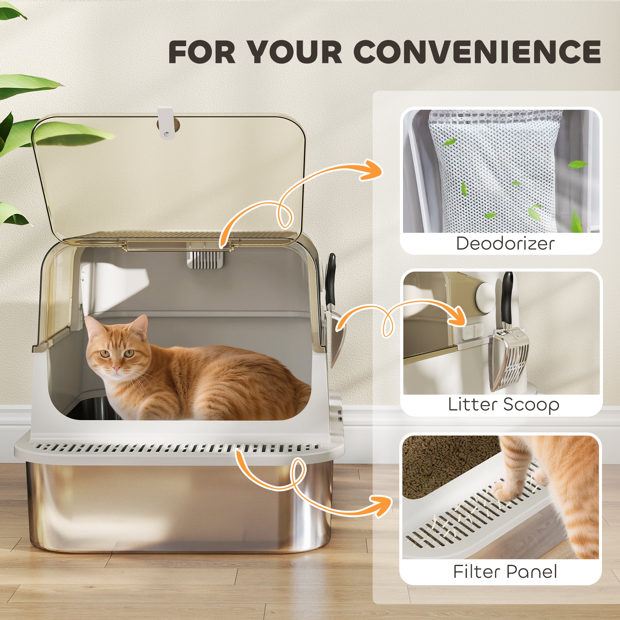 PawHut XXL Stainless Steel Cat Litter Tray, Enclosed Cat Litter Box with 90° Flip Cover, Double Doors, Scoop, Easy Clean, Grey 