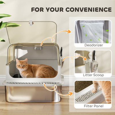 PawHut XXL Stainless Steel Cat Litter Tray, Enclosed Cat Litter Box with 90° Flip Cover, Double Doors, Scoop, Easy Clean, Grey 