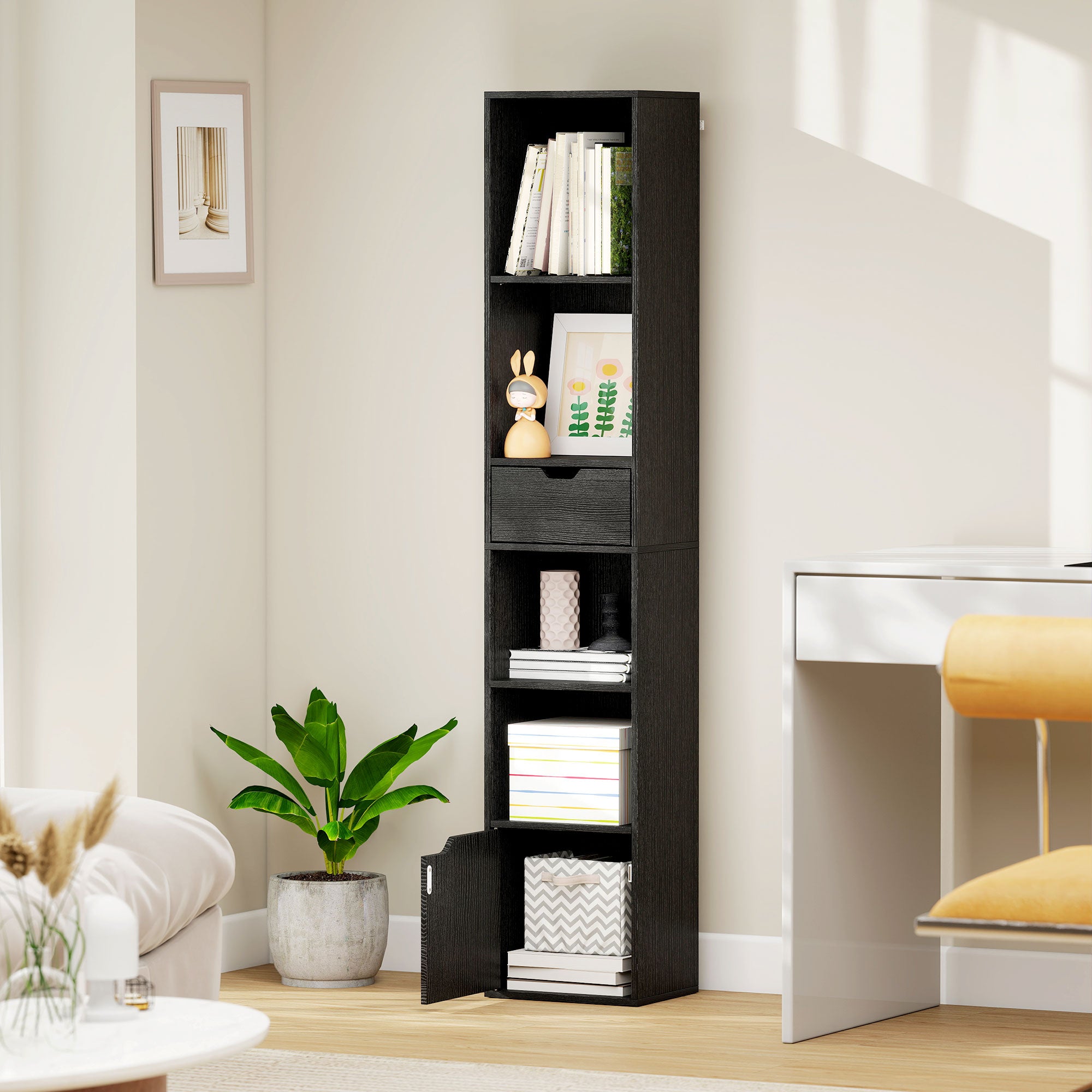 HOMCOM 6-Tier Bookcase, Tall Narrow Bookshelf with Drawer and Door - Black 