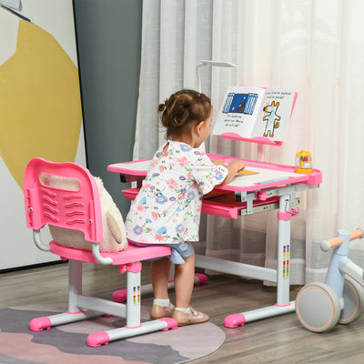 HOMCOM Kids Study Desk and Chair Set w/ Adjustable Height, Storage, Drawer, Pink 