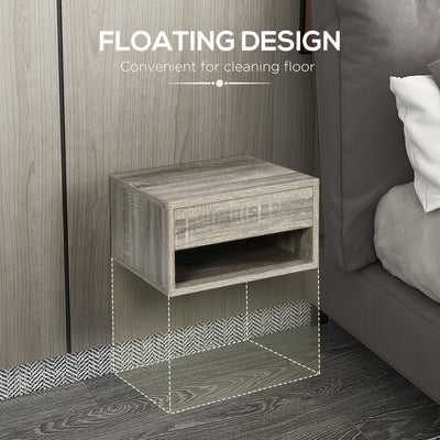HOMCOM Set of Two Floating Bedside Tables Wall Mounted Nightstands with Drawer and Shelf for Bedroom, Brown Wood-Effect 