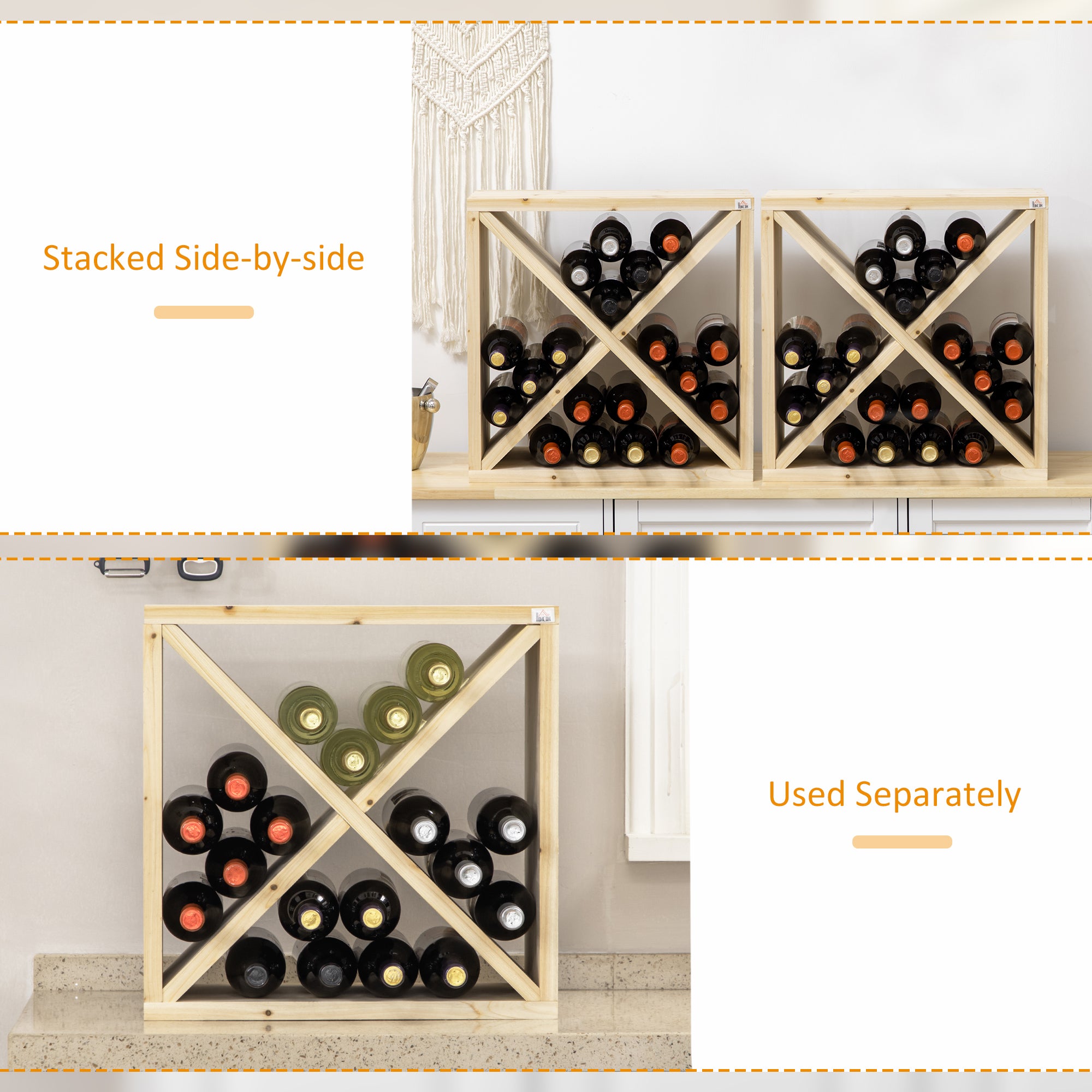HOMCOM Set of 2 Wooden Wine Rack, X-Shaped Square Tabletop Storage Holder for 24 Bottle, Natural Wood 