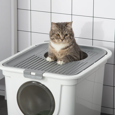 PawHut Cat Litter Box, Pet Toilet, Enclosed Kitten Pan with Front Entrance Top Exit, High Side, Scoop, White 