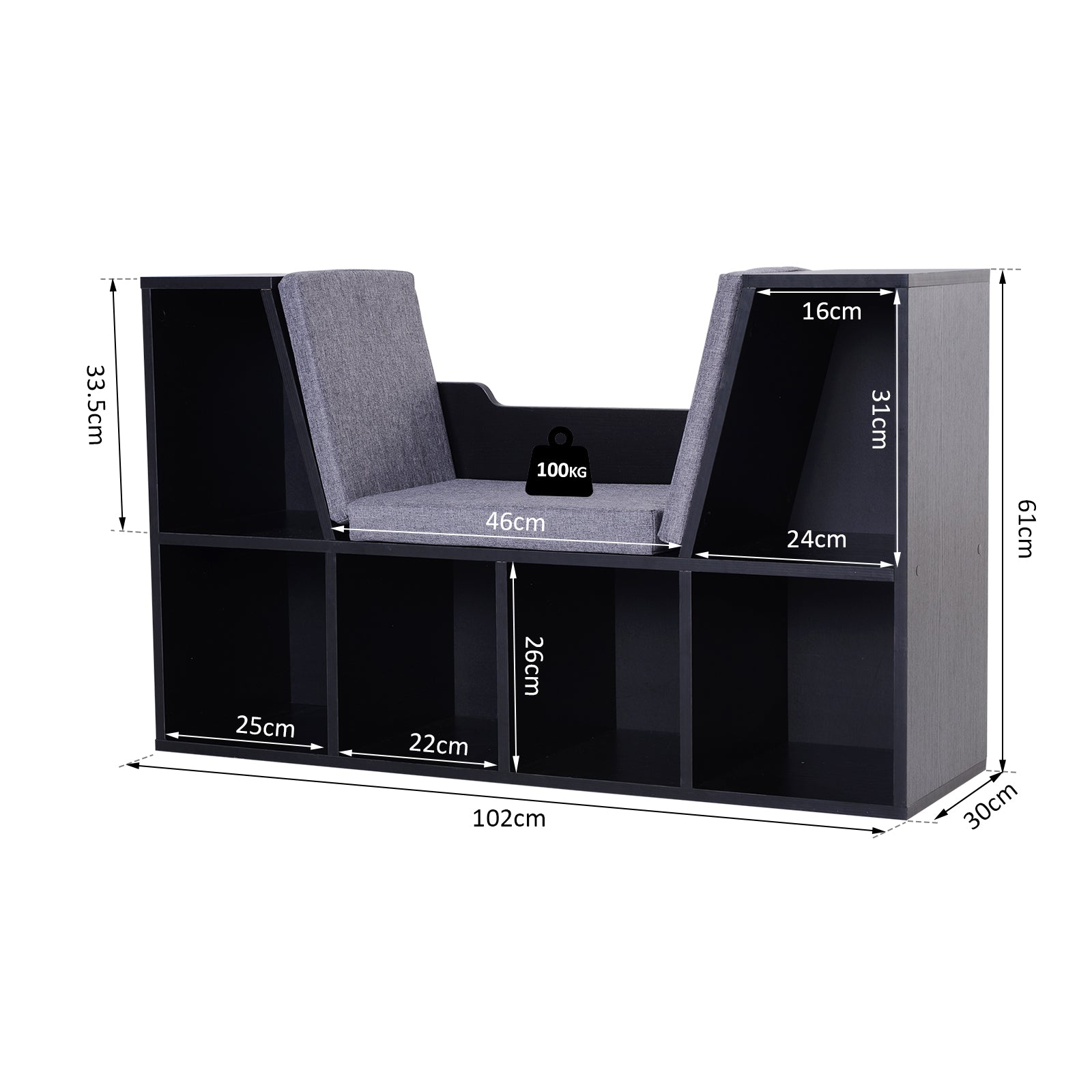 HOMCOM Bookcase Storage Shelf with Cushioned Reading Seat, Cube Bookshelf Organizer for Bedroom Living Room, Black 
