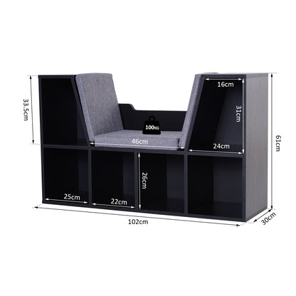 HOMCOM Bookcase Storage Shelf with Cushioned Reading Seat, Cube Bookshelf Organizer for Bedroom Living Room, Black 