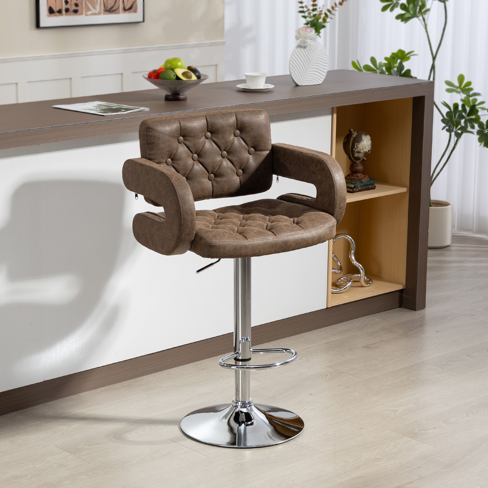 HOMCOM PU Leather Upholstered Swivel Bar Stool, Height Adjustable with Back, Armrest, Footrest, Coffee 