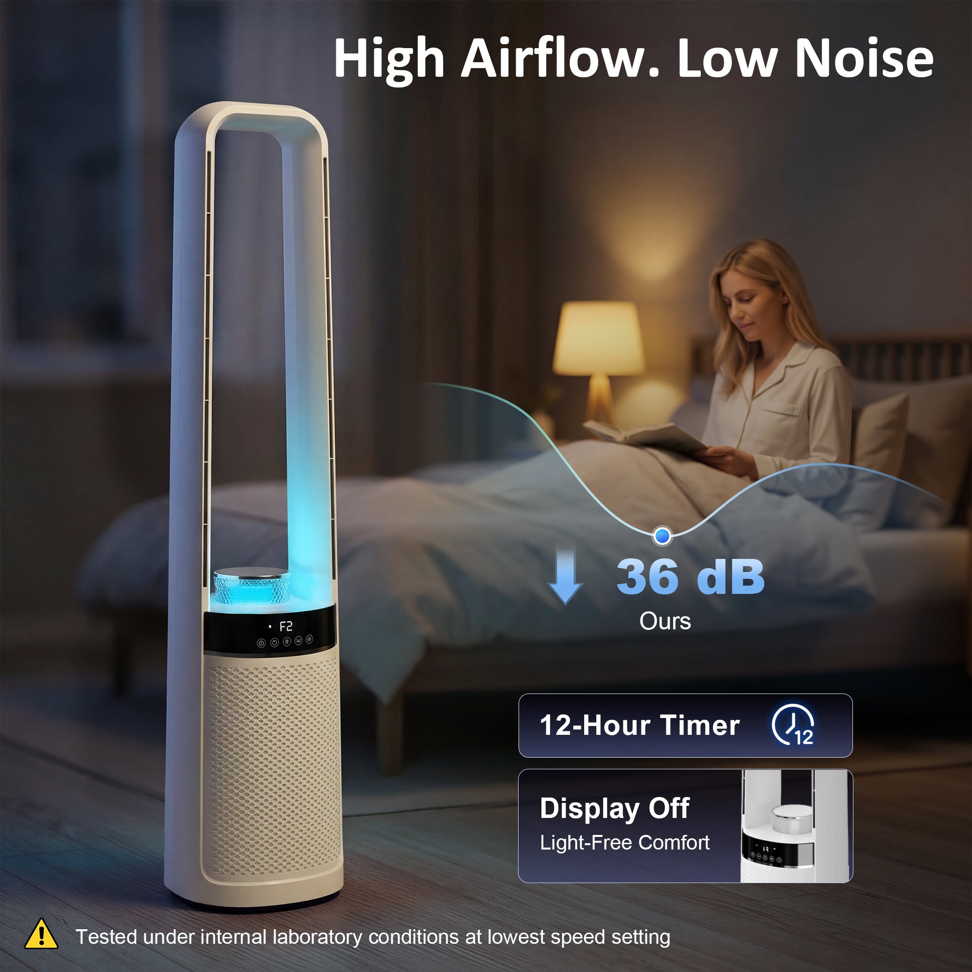HOMCOM Bladeless Tower Fan, 36dB Standing Cooling Fan with Oscillating, LED Lights, 3 Speeds, 12H Timer, Remote Control 