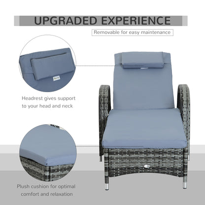 Outsunny 2PC Rattan Sun Lounger Recliner Bed Reclining Chair Patio Garden Outdoor Wicker Weave Adjustable Headrest with Fire Retardant Cushion \'e2\'80\'93 Grey
