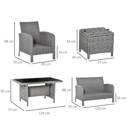 Outsunny 6 Pieces Rattan Garden Furniture Set, 6 Seater Garden Sofa Set with Glass Top Dining Table, Loveseat, 2 Armchairs and Ottomans, Wicker Outdoor Conservatory Furniture for Patio, Grey 