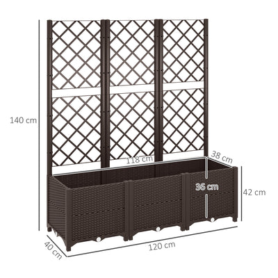 Outsunny Raised Garden Bed with Trellis, Plastic Planter Box with Drainage Holes and Drain Plugs for Climbing Plants, Vegetables, Flowers, Brown 