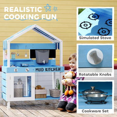 AIYAPLAY Kids Mud Kitchen Outdoor with Stoves, Sink, Faucet, Storage Shelves, Cookware Accessories for Boys Girls, Blue 