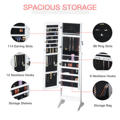 HOMCOM Jewelry Cabinet Standing Mirror Full Length Makeup Lockable Armoire Storage Organizer White 