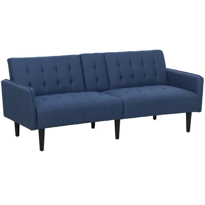 HOMCOM Upholstered Click Clack Sofa Bed, Linen-Feel 3 Seater Sofa Bed with Storage and Cupholders, Dark Blue 