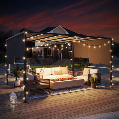 Outsunny 3(m) x 4m Metal Pergola with LED Lights, Outdoor Garden Pergola with Sliding Roof, Solar Powered, for BBQ,\'c2\'a0Lawn, Dark Grey
