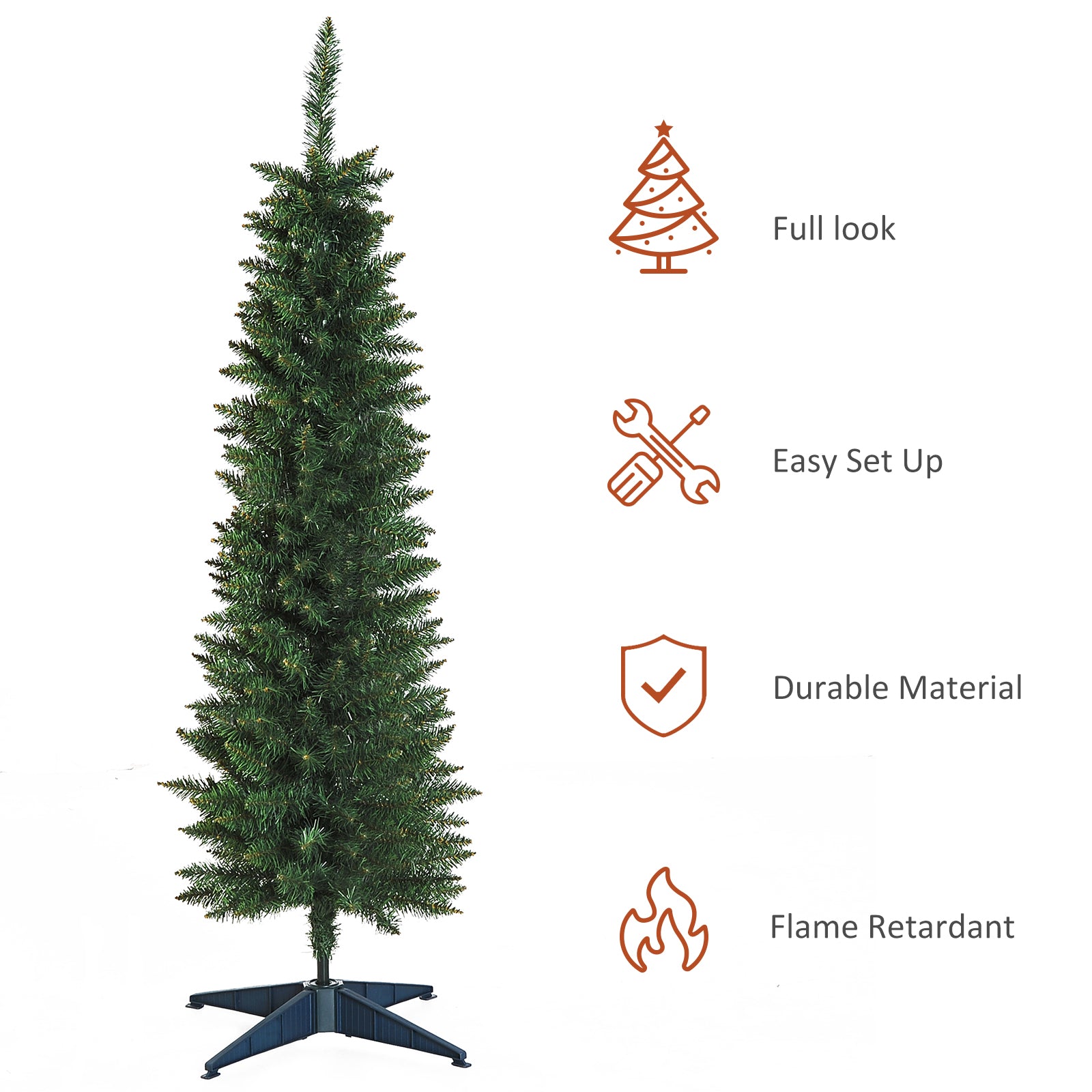 HOMCOM 5ft Unlit Artificial Christmas Tree, Pencil Slim Xmas Tree with Solid Stand and Realistic Branches, Green 