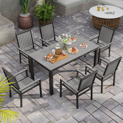 Outsunny 6 Seater Garden Dining Set with Stackable Chairs, Aluminium Frame, Rectangular Plastic Top, Garden Furniture Set, Outdoor Dining Table and Chairs for Patio, Balcony, Poolside, Grey 