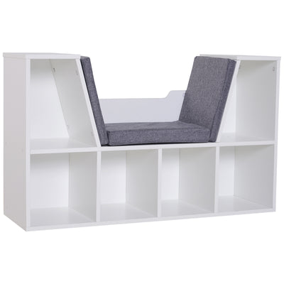 HOMCOM Bookcase Storage Shelf with Cushioned Reading Seat, Cube Bookshelf Organizer for Bedroom Living Room, White 
