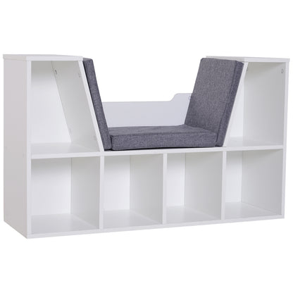 HOMCOM Bookcase Storage Shelf with Cushioned Reading Seat, Cube Bookshelf Organizer for Bedroom Living Room, White 
